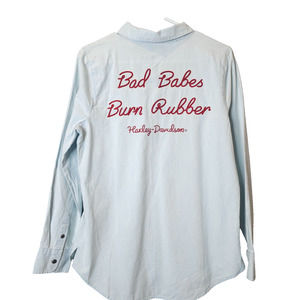 Harley Davidson Bad Babes Burn Rubber Embroidered Chambray Shirt Womens M NWT